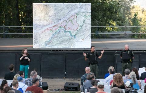 Large map displayed at an Eagle Creek Fire community meeting as Sheriff Reese talked