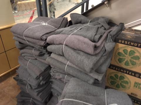 Stacks of blankets at a warming center