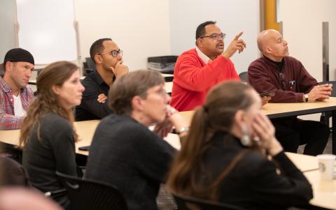 Trent Gay, a career coach with Central City Concern, speaks up at a peer stakeholder meeting in October 2019