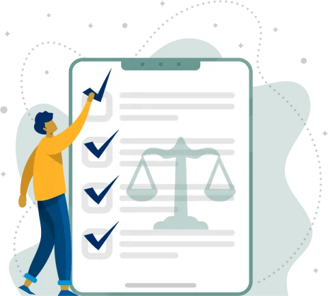Silhouette person standing next to a check list with justice scale