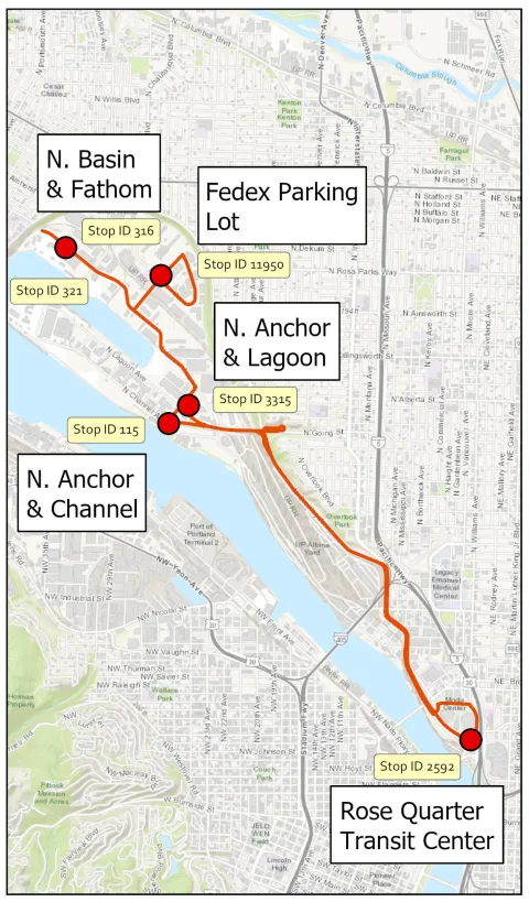Map of shuttle route from Rose Quarter Transit Center to Swan Island