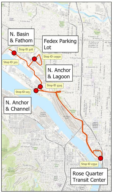 Map of shuttle route from Rose Quarter Transit Center to Swan Island