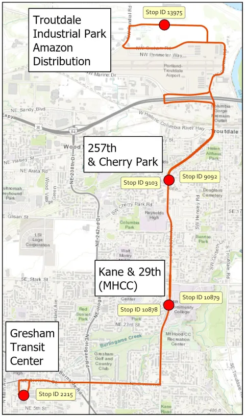 Map of shuttle route from Gresham Transit Center to Troutdale Industrial Park