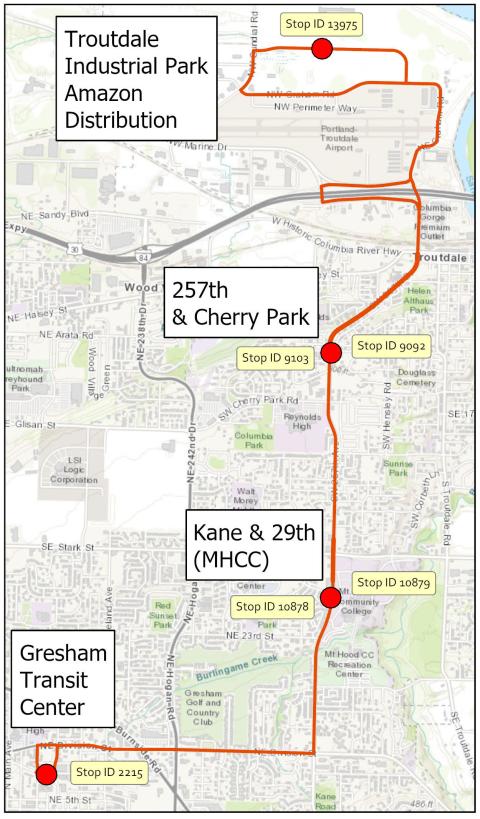 Map of shuttle route from Gresham Transit Center to Troutdale Industrial Park