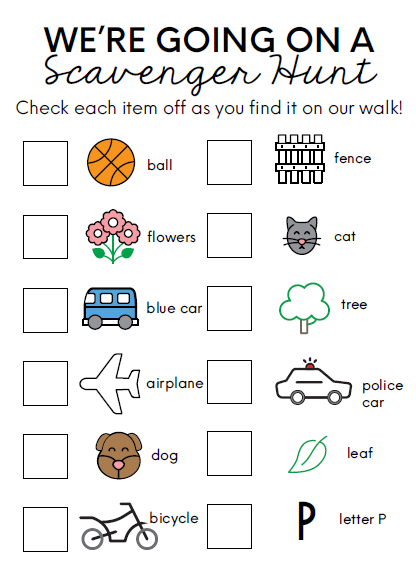 Scavenger hunt checklist including ball, flowers, blue car, airplane, dog, bicycle, fence, cat, tree, police car, leaf, letter p