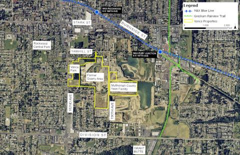 A map of the Yeon property and surrounding neighborhood, emphasizing Burnside Street and the Gresham-Fairview Trail.