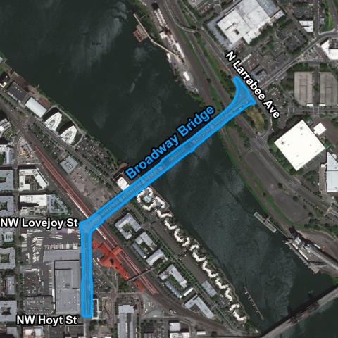 Map graphic highlighting the area within 10' of the county-maintained areas around the Broadway Bridge.