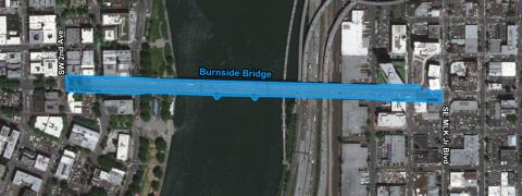 Map graphic highlighting the area within 10' of the county-maintained areas around the Burnside Bridge.