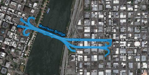 Map graphic highlighting the area within 10' of the county-maintained areas around the Morrison Bridge.