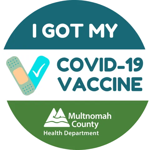 virtual sticker reads "I got my COVID Vaccine" with green tones