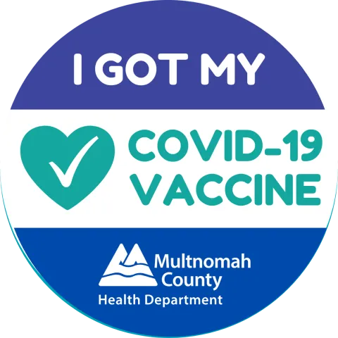 virtual sticker reads "I Got my COVID Vaccine" with blue tones