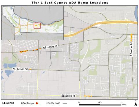 A map labeled "Tier 1 East County ADA Ramp Locations", showing where new ramps will be installed along SE Stark, NE Glisan, NE Halsey and S Buxton.