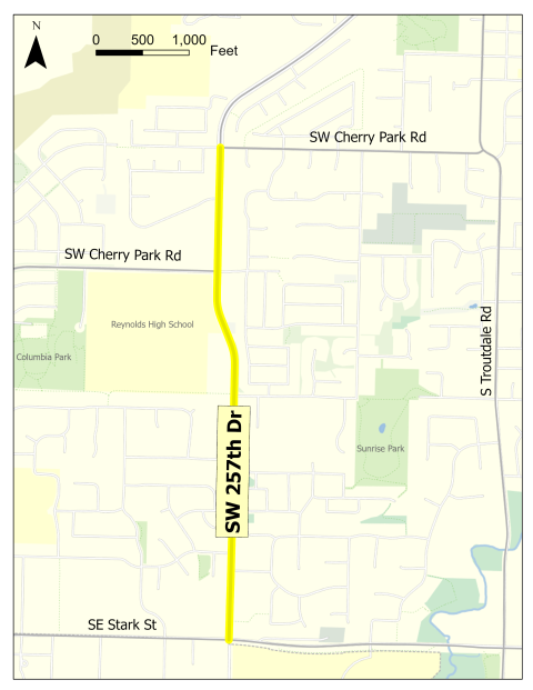 A map highlighting a stretch of SW 257th Drive, between SE Stark Street and SW Cherry Park Road.