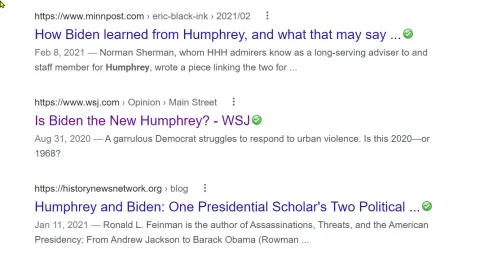 Screenshot of Google search results listing articles comparing Hubert Humphrey and Joseph Biden