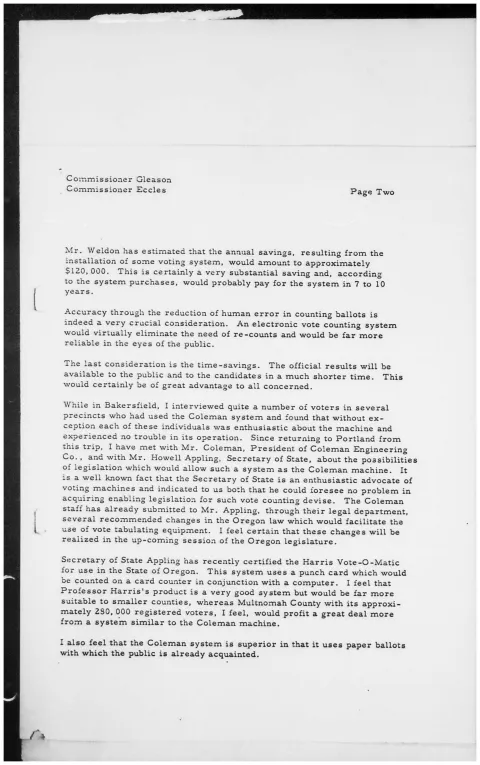 Excerpt from report recommending the incorporation of electronic voting machines into the Multnomah County elections process.