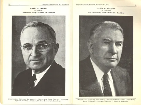 Scanned image of 1948 voter pamphlet with photographs of presidential Alben W. Barkleycandidate Harry S. Truman and vice-presidential candidate
