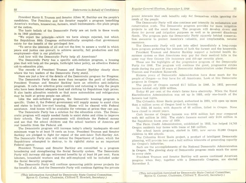 Scanned image of 1948 voter pamphlet pages showing statement in behalf of presidential candidate Harry S. Truman