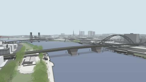 A rendering of a new bridge across the Willamette River, with Waterfront Park in the foreground and the east side of Portland in the background.