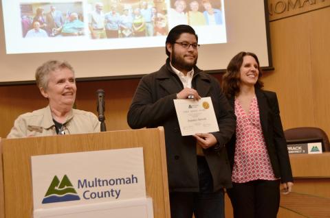 Antonio (Tony) Novelo receives a Public Service Award  from Chair Kafoury and Judy Hadley, Chair, Citizen Involvement Committee (CIC)