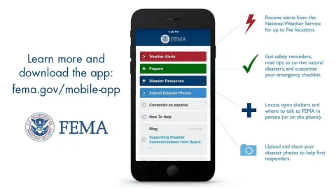 Graphic of cell phone with images of a lightning bolt, check mark, plus, and a camera. Eplaining that the app has weather alerts, prepare button, disaster resources, submit disaster photos, contiendo en espanol, hot to help, and blog buttons