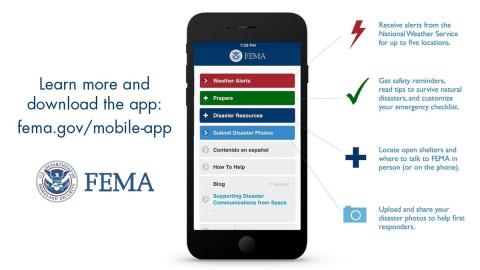 Graphic of cell phone with images of a lightning bolt, check mark, plus, and a camera.  Eplaining that the app has weather alerts, prepare button, disaster resources, submit disaster photos, contiendo en espanol, hot to help, and blog buttons