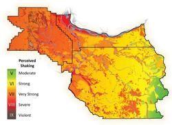 Outline of Multnomah, Washington, and Clackamas Counties with colors indicating where shaking will be the greatest following an earthquake