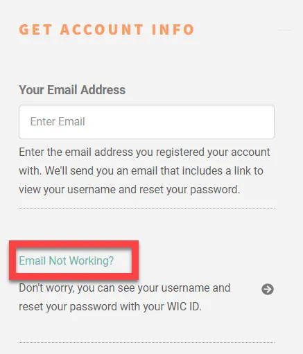 Email not working link is highlighted
