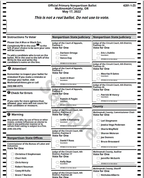 Image of a sample ballot for the May 2022 Primary Election