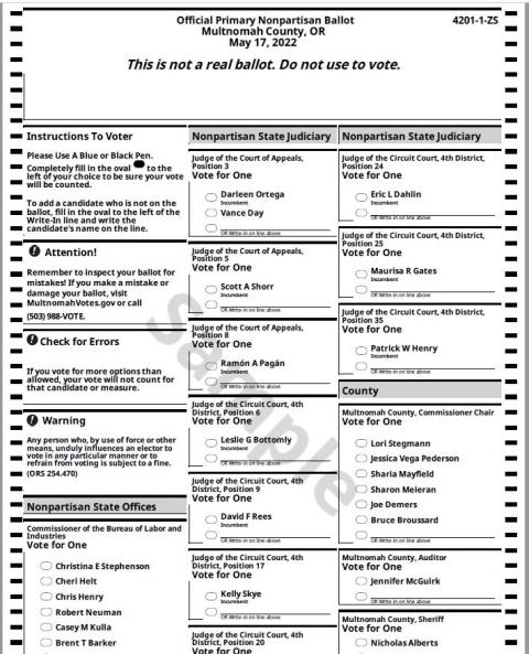 Image of a sample ballot for the May 2022 Primary Election