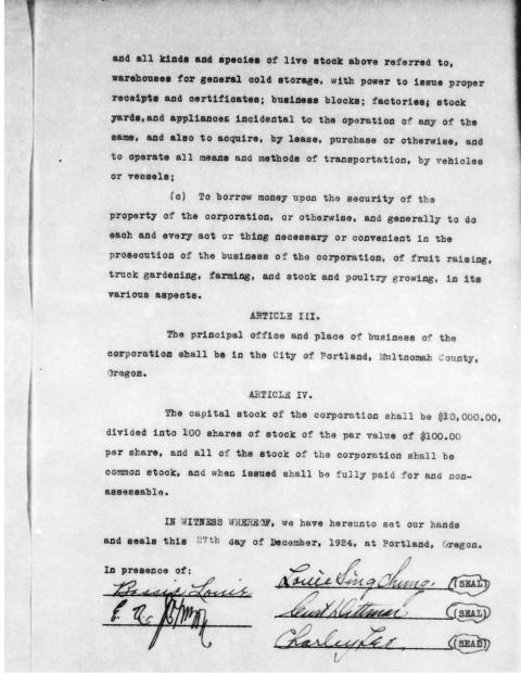 Typed final page of the articles of incorporation showing the signatures of the three men.