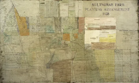 A map showing how crops, gardens, and animal enclosures were arranged at the Multnomah County Poor Farm in 1938. Includes outlines of buildings and structures.