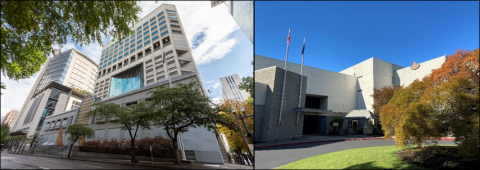 Exteriors of Multnomah County Justice Center, which houses the Multnomah County Detention Center, & Inverness Jail