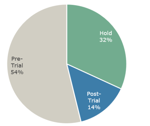 Pie chart showing that 54% of adults in custody were in jail pre-trial during the audit's three-year review period