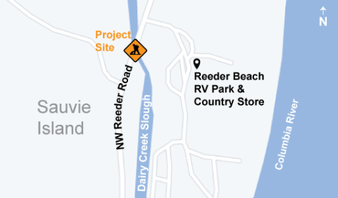 A map graphic showing the location of the project site where Dairy Creek Slough crosses under Reeder Road, with a locator map showing the location near the center of the eastern shore of Sauvie Island.