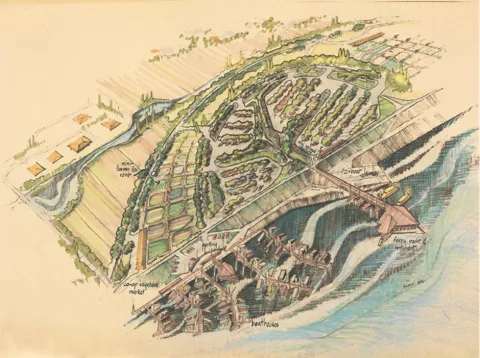 Aerial view of a plan for a recreational area on the banks of the Columbia River. The map shows both the land on the side of the river as well as part of the river itself. 