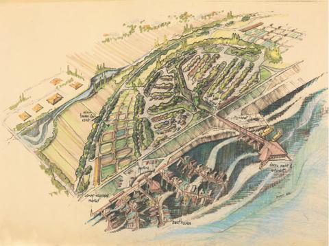 Aerial view of a plan for a recreational area on the banks of the Columbia River. The map shows both the land on the side of the river as well as part of the river itself. 