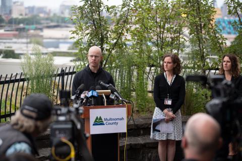 Emergency Management Director Chris Voss speaks during a July 2021 press conference on deaths from excessive heat.