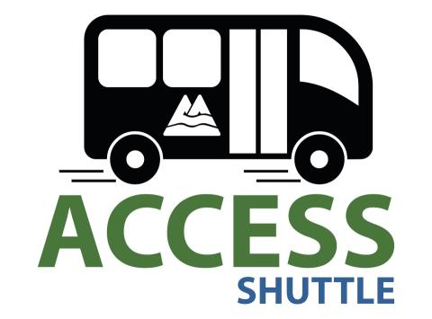 Stylized image of a bus with the Multnomah County logo on the side, over the words "Access Shuttle".