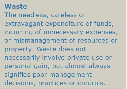 Waste: The needless, careless or extravagant expenditure of funds, incurring of unnecessary expenses, or mismanagement of resources or property. 