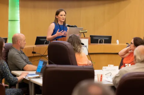 A woman stands at a podium, gesturing with her hands and addressing a group of people at a conference table.