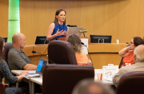 A woman stands at a podium, gesturing with her hands and addressing a group of people at a conference table.