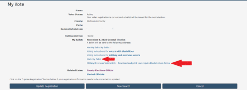 Image that shows My Vote and arrows on where to access the ballot and the required forms