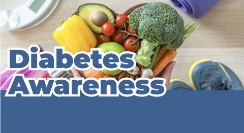 Text reads "diabetes awareness" and in the background there's a bowl of fruits and vegetables and workout gear.