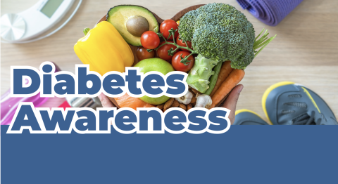 Text reads "diabetes awareness" and in the background there's a bowl of fruits and vegetables and workout gear.