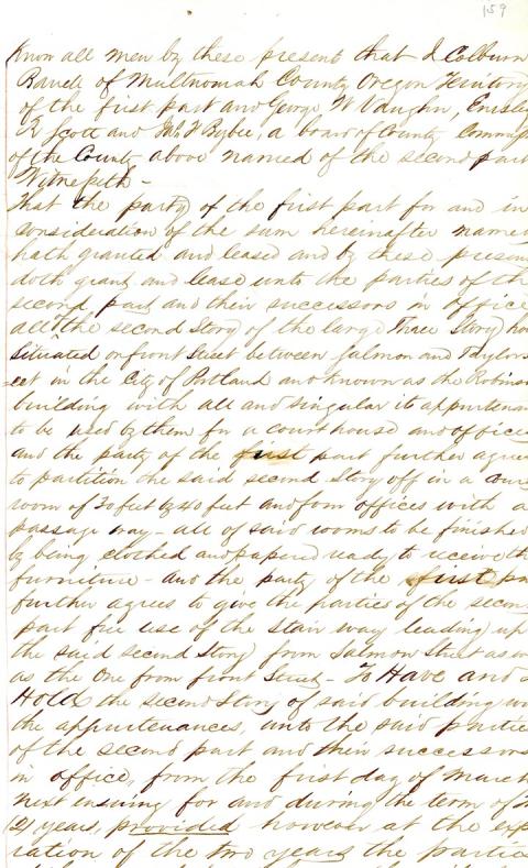 Excerpt of a handwritten 1855 lease for the Robinson Building. Cursive writing is slated and difficult to read without assistance or enlargement. 