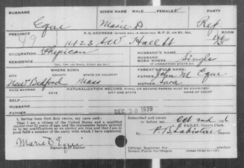 Voter Registration Card for Marie D. Equi from December 30, 1939 showing the address and occupation (physician) and signed by Marie D. Equi..