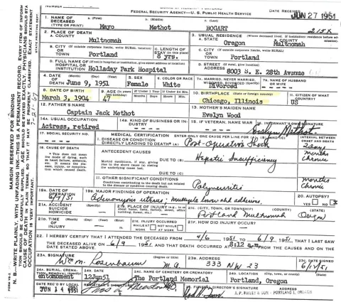 Typed and handwritten death certificate for Mayo Methot Bogart showing post operative shock as the cause of death with other chronic conditions listed.