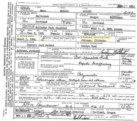 Typed and handwritten death certificate for Mayo Methot Bogart showing post operative shock as the cause of death with other chronic conditions listed.