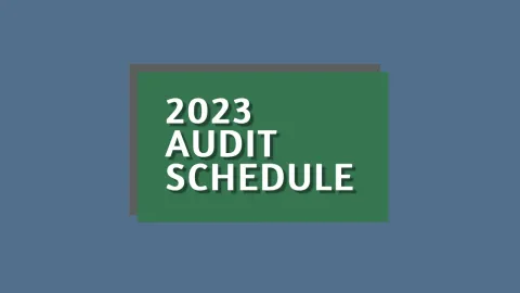 2023 audit schedule text with light blue background with gray rectangular frame