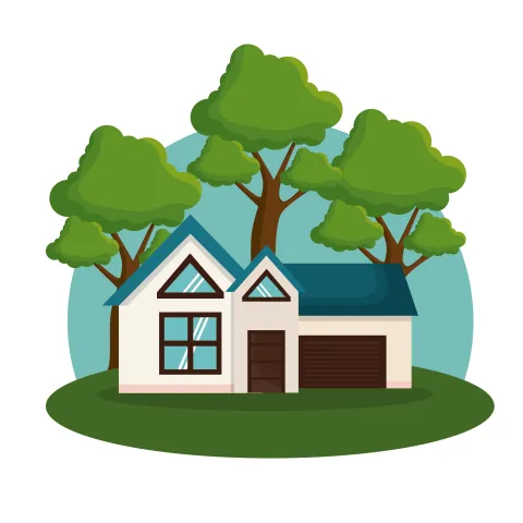 A cartoon home surrounded by green trees